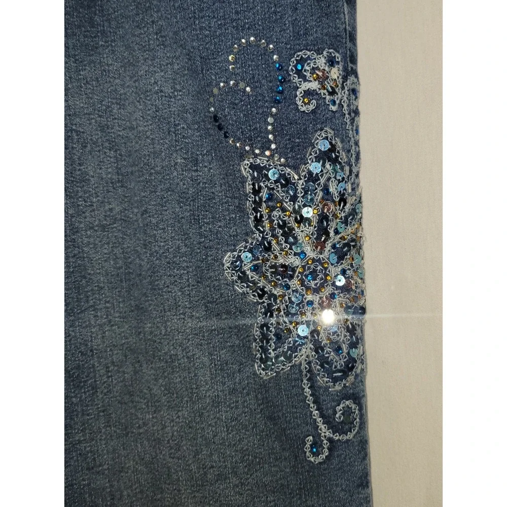 Vintage F.L. Jeans Medium Wash Embellished Sequin Floral Bootcut Denim Jeans Y2K
